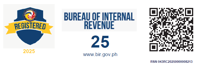 BIR registration seal: Registered 2025, Bureau of Internal Revenue, RDO 25, www.bir.gov.ph, RSN 043RC20250000008213