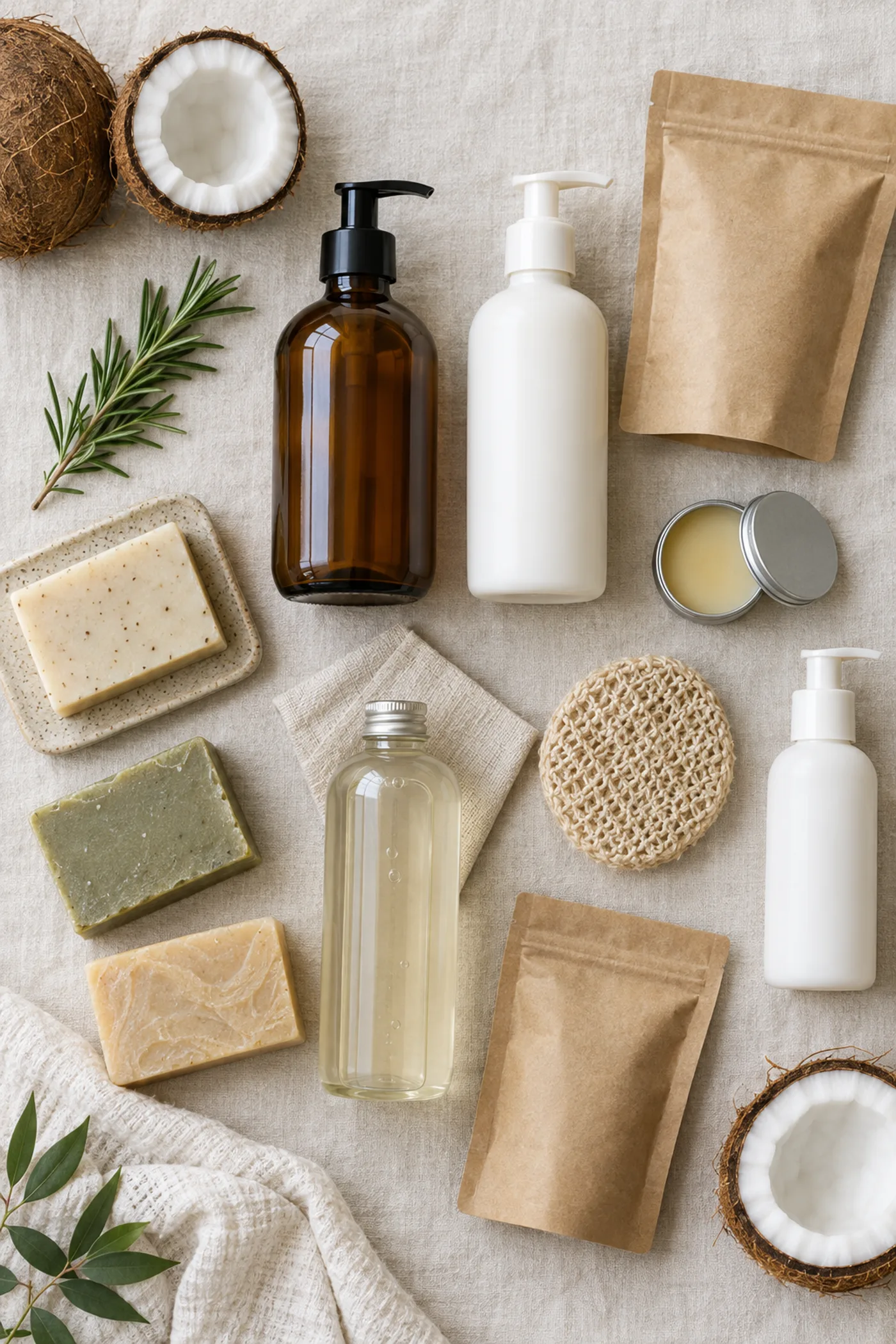 Flat lay of natural personal care products, bar soaps, coconut and a reusable refill bottle on linen