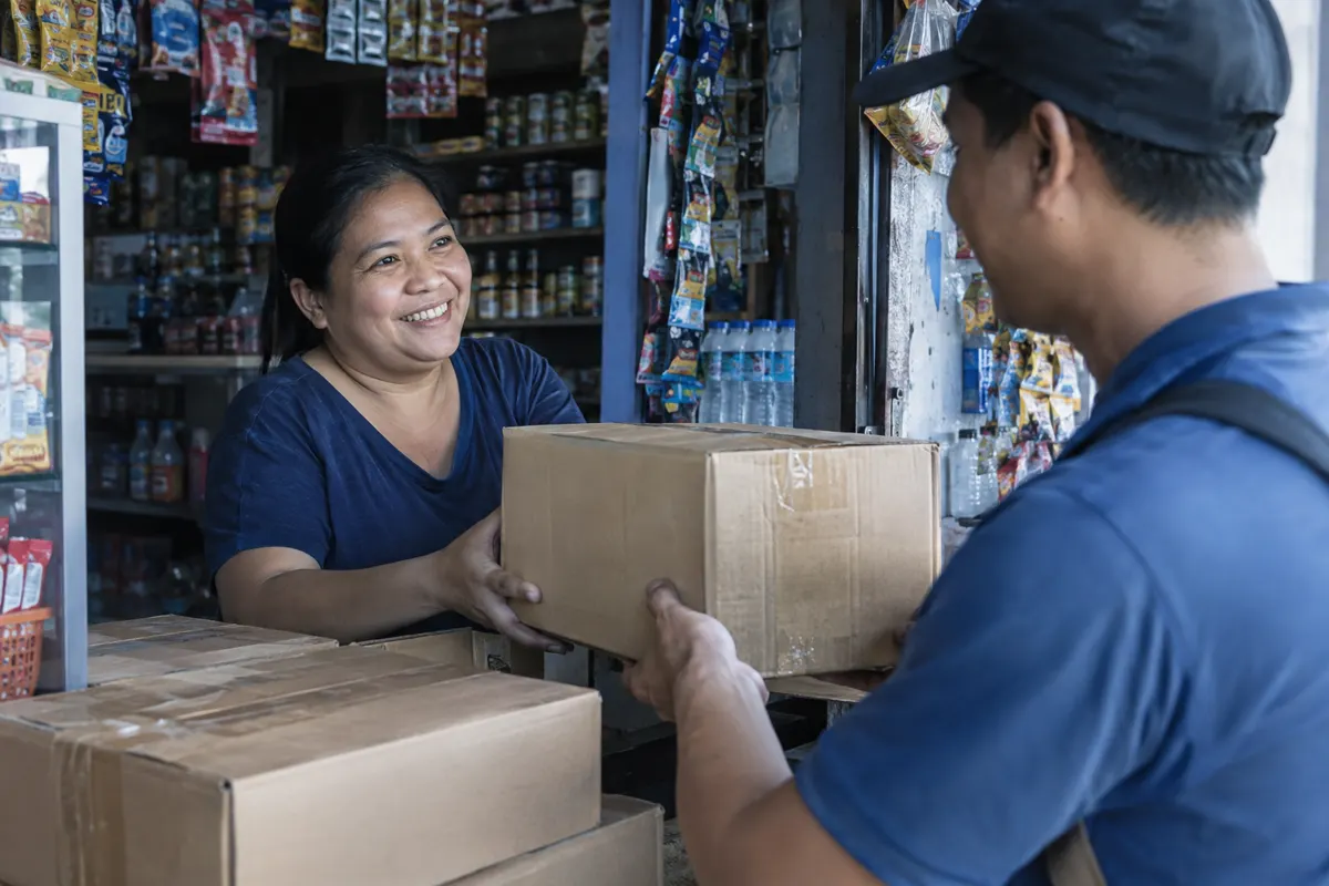 Store owner smiling as she receives a carton delivery at her shop counter